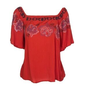 🆕 Floral embroidered red swing top blouse